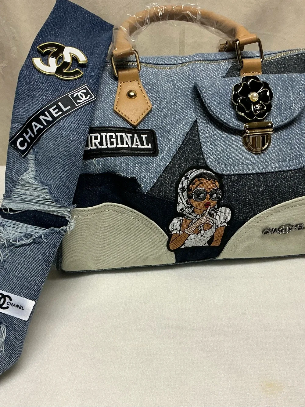 Original Denim Patch Satchel Bag with Beige Accents